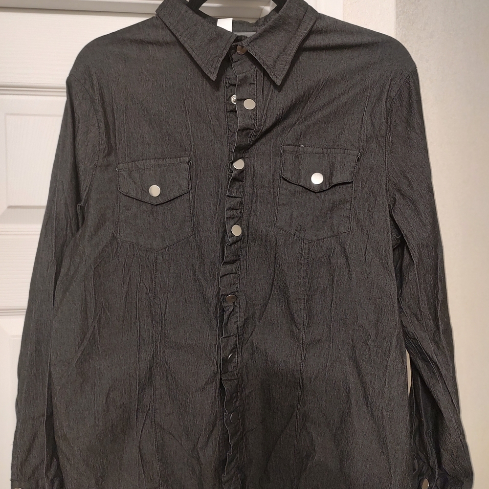 Black Button-Up Shirt with Ruffle Detail